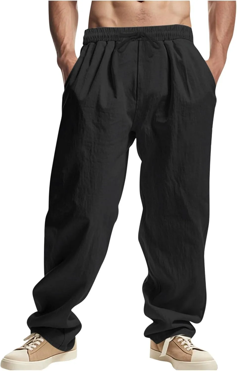 Sinzelimin Men's Cotton Linen Pants Drawstring Elastic Waist Baggy Casual Comfy Wide Leg Sweatpant Summer Beach Trouser