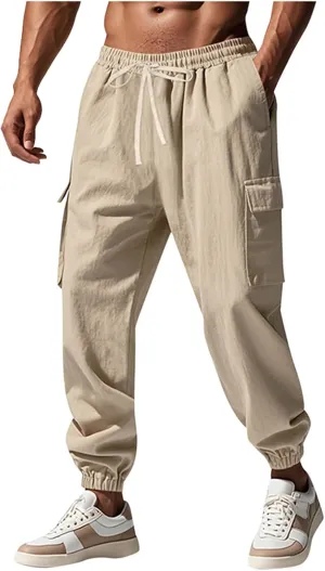 Sinzelimin Men's Linen Cargo Pants Fashion Solid Lace up Elastic Waist Multiple Pockets Wide Leg Sweatpant Versatile Trouser