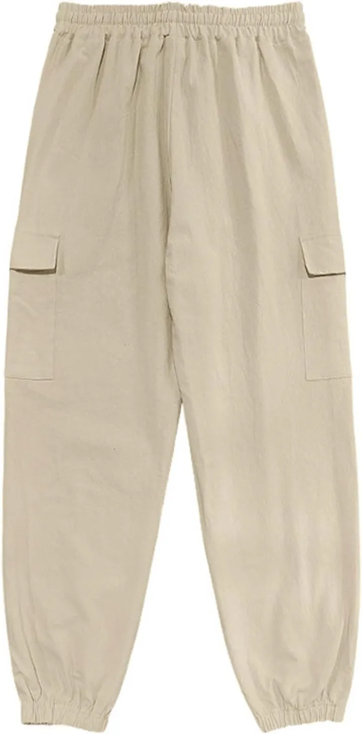 Sinzelimin Men's Linen Cargo Pants Fashion Solid Lace up Elastic Waist Multiple Pockets Wide Leg Sweatpant Versatile Trouser