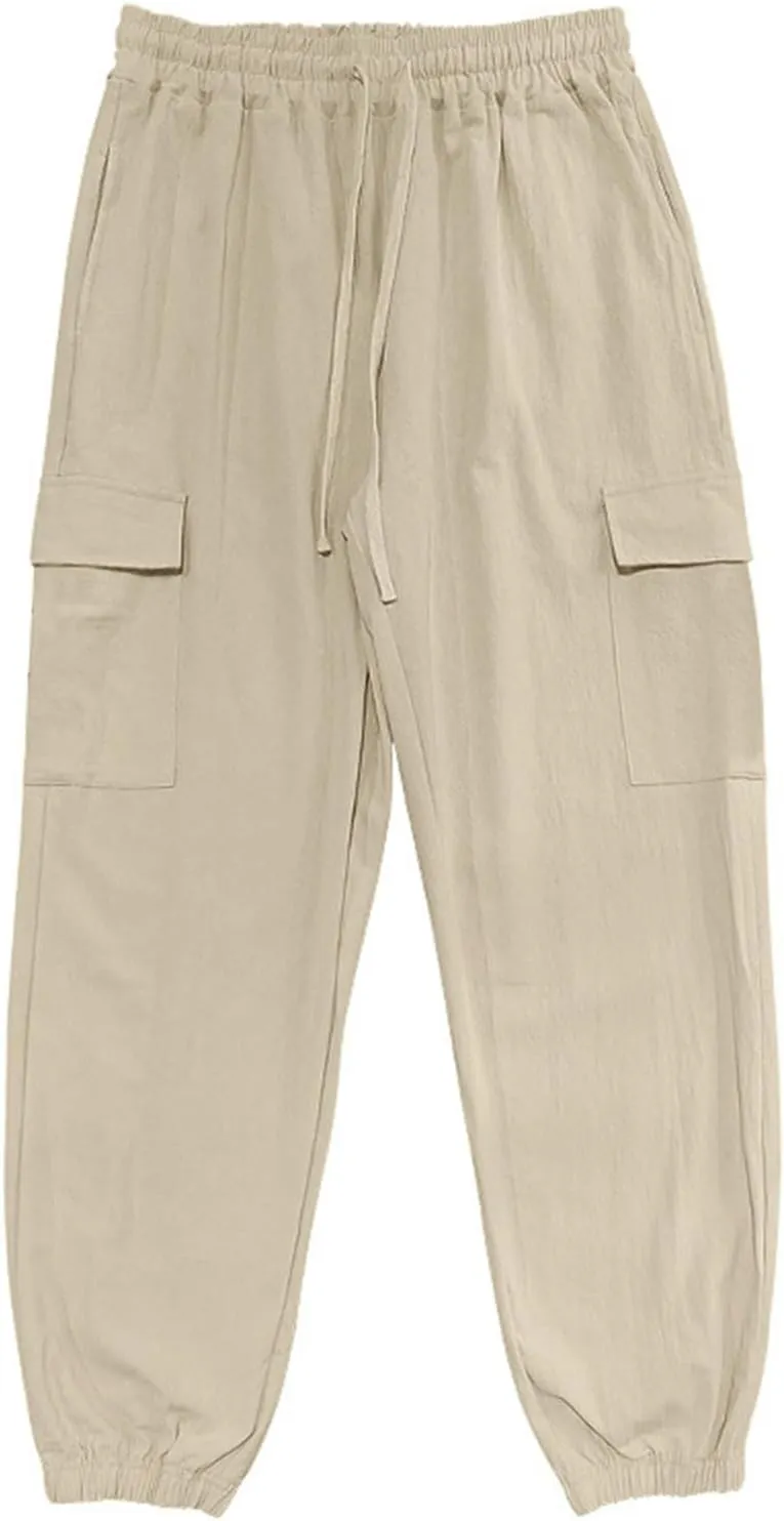 Sinzelimin Men's Linen Cargo Pants Fashion Solid Lace up Elastic Waist Multiple Pockets Wide Leg Sweatpant Versatile Trouser