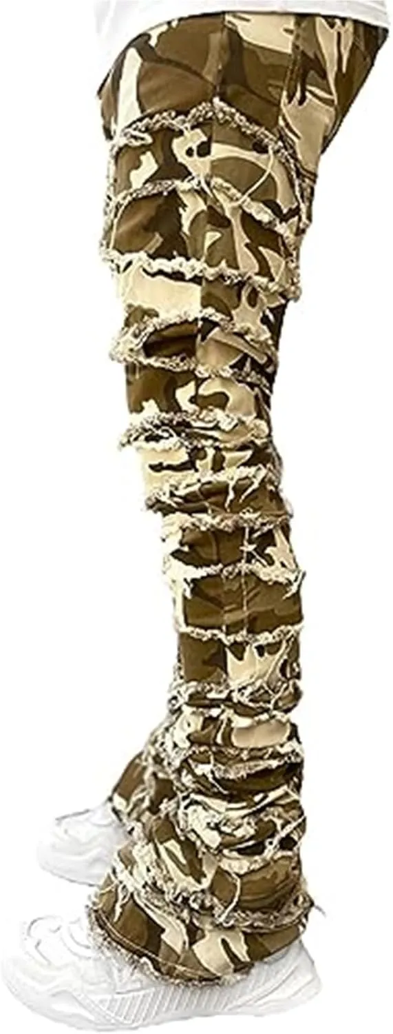 Stacked Jeans Mens Ripped Jeans Distressed Patchwork Straight Leg Y2k Skinny Denim Pants Hip Hop Slim Fit Trousers