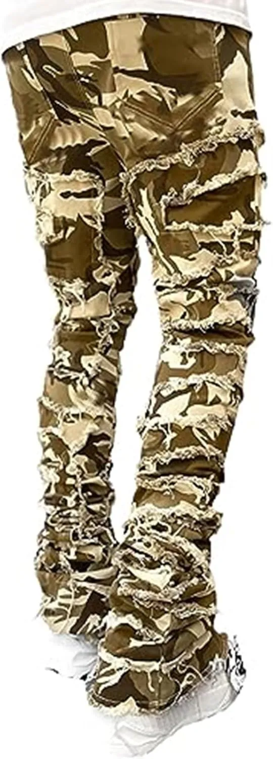 Stacked Jeans Mens Ripped Jeans Distressed Patchwork Straight Leg Y2k Skinny Denim Pants Hip Hop Slim Fit Trousers