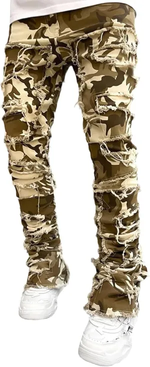 Stacked Jeans Mens Ripped Jeans Distressed Patchwork Straight Leg Y2k Skinny Denim Pants Hip Hop Slim Fit Trousers