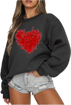 Sweatshirt for Women Trendy Oversized Love Heart Print Crewneck Casual Long Sleeve Sweater Fleece Fsashion Fall Tops