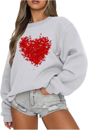 Sweatshirt for Women Trendy Oversized Love Heart Print Crewneck Casual Long Sleeve Sweater Fleece Fsashion Fall Tops