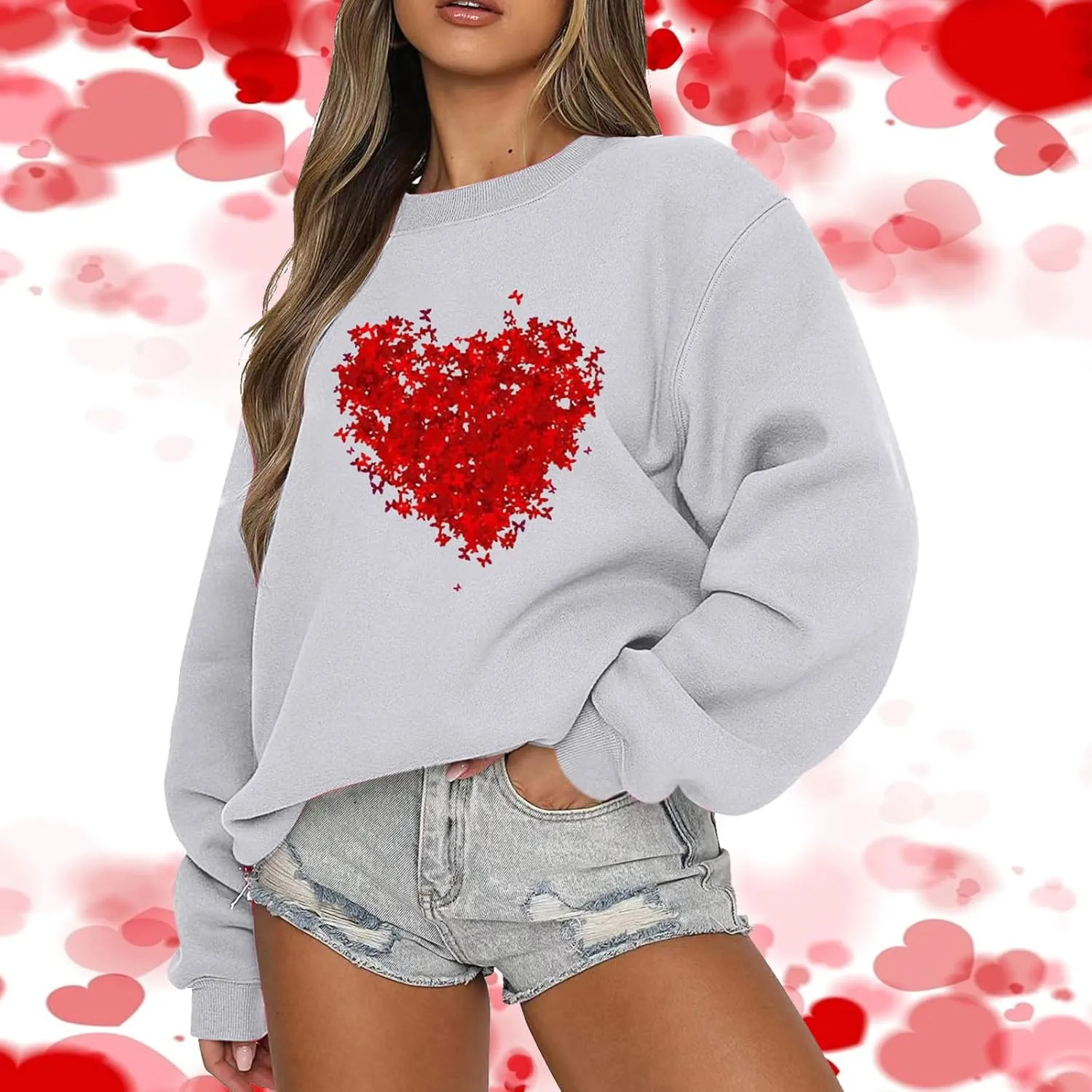 Sweatshirt for Women Trendy Oversized Love Heart Print Crewneck Casual Long Sleeve Sweater Fleece Fsashion Fall Tops