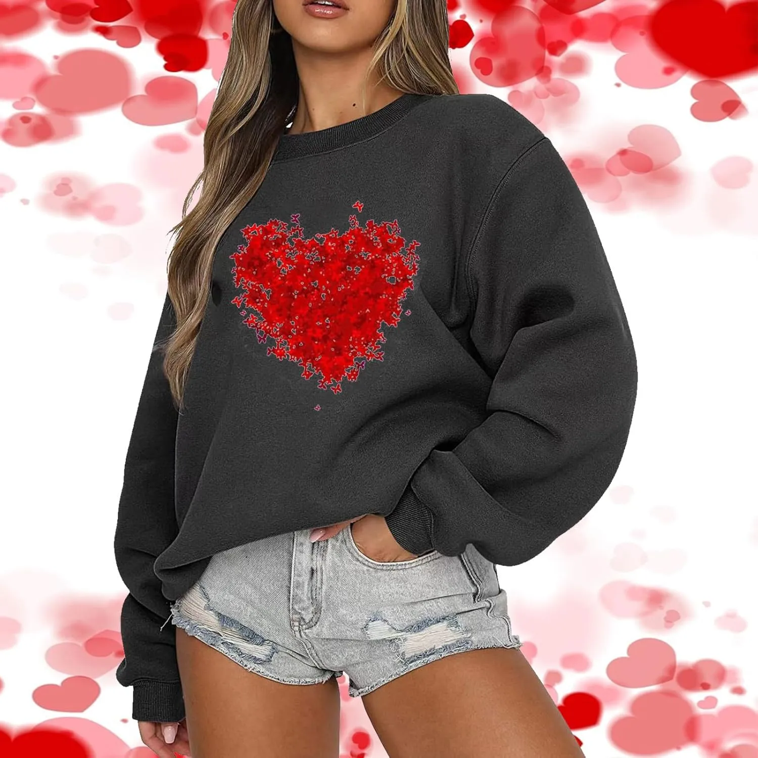Sweatshirt for Women Trendy Oversized Love Heart Print Crewneck Casual Long Sleeve Sweater Fleece Fsashion Fall Tops