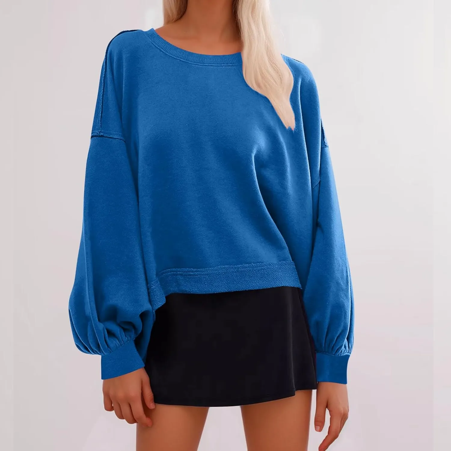 Sweatshirts for Women Puff Sleeve Pullover Tops Crewnneck Cropped Sweater Casual Fleece Jumpers Tops Fall Trendy