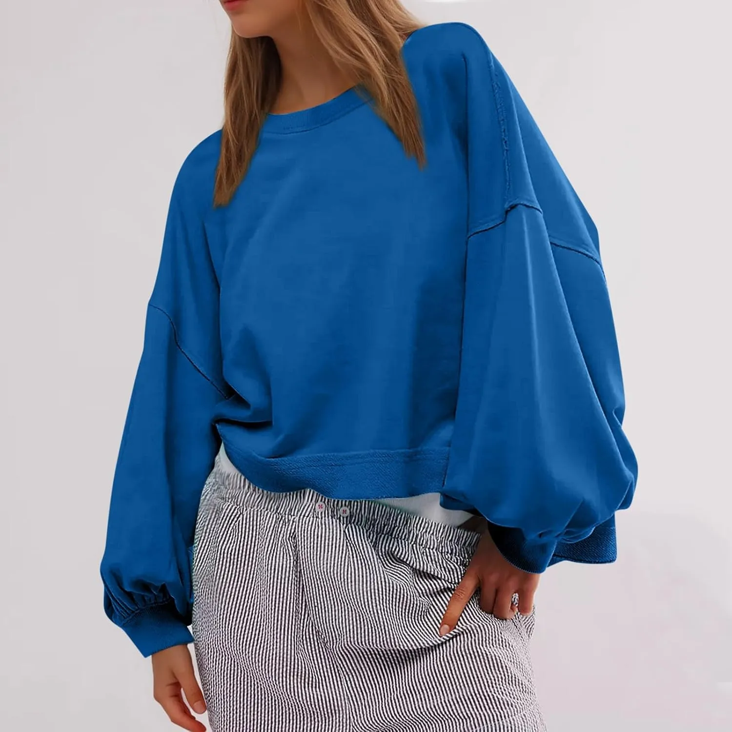 Sweatshirts for Women Puff Sleeve Pullover Tops Crewnneck Cropped Sweater Casual Fleece Jumpers Tops Fall Trendy