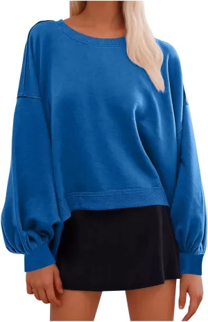 Sweatshirts for Women Puff Sleeve Pullover Tops Crewnneck Cropped Sweater Casual Fleece Jumpers Tops Fall Trendy