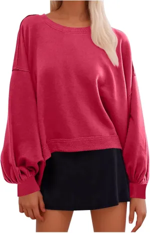 Sweatshirts for Women Puff Sleeve Pullover Tops Crewnneck Cropped Sweater Casual Fleece Jumpers Tops Fall Trendy