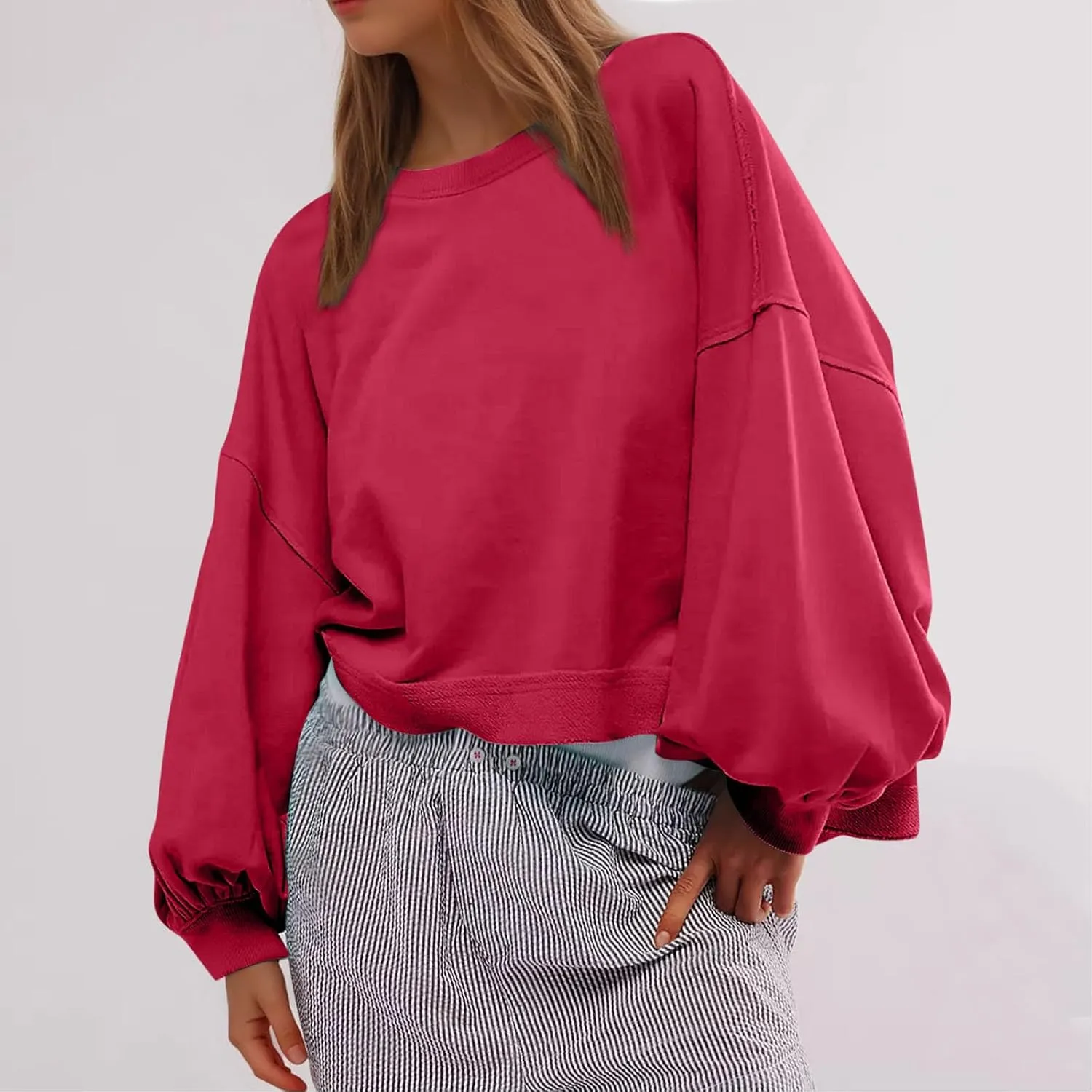 Sweatshirts for Women Puff Sleeve Pullover Tops Crewnneck Cropped Sweater Casual Fleece Jumpers Tops Fall Trendy