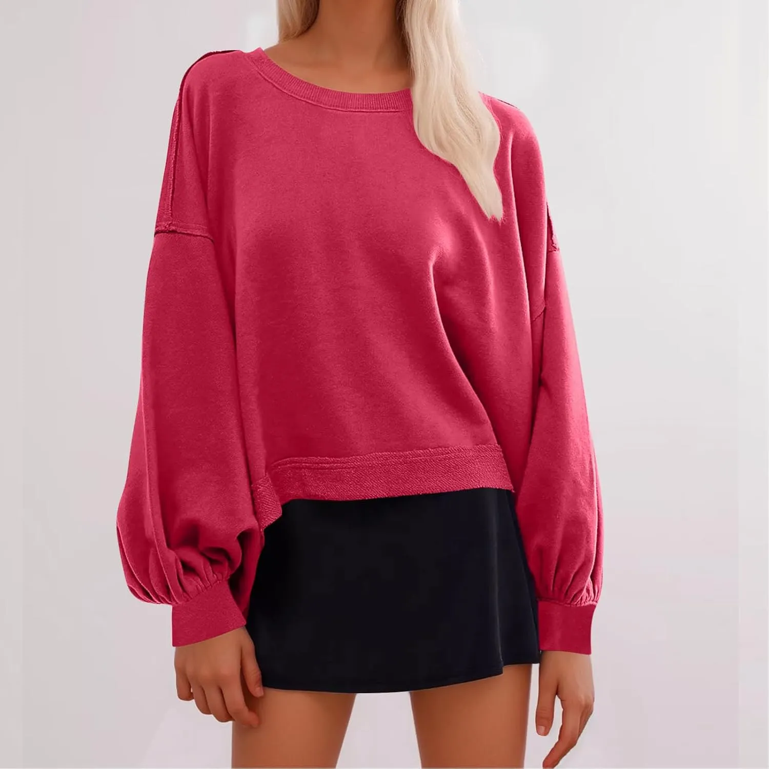 Sweatshirts for Women Puff Sleeve Pullover Tops Crewnneck Cropped Sweater Casual Fleece Jumpers Tops Fall Trendy