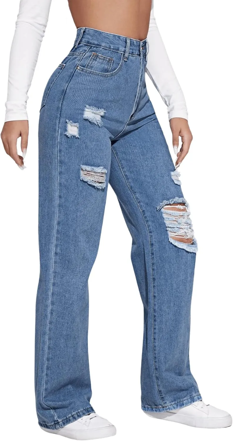 SweatyRocks Women's High Waisted Ripped Boyfriend Jeans Distressed Denim Pants with Pockets Medium Wash S