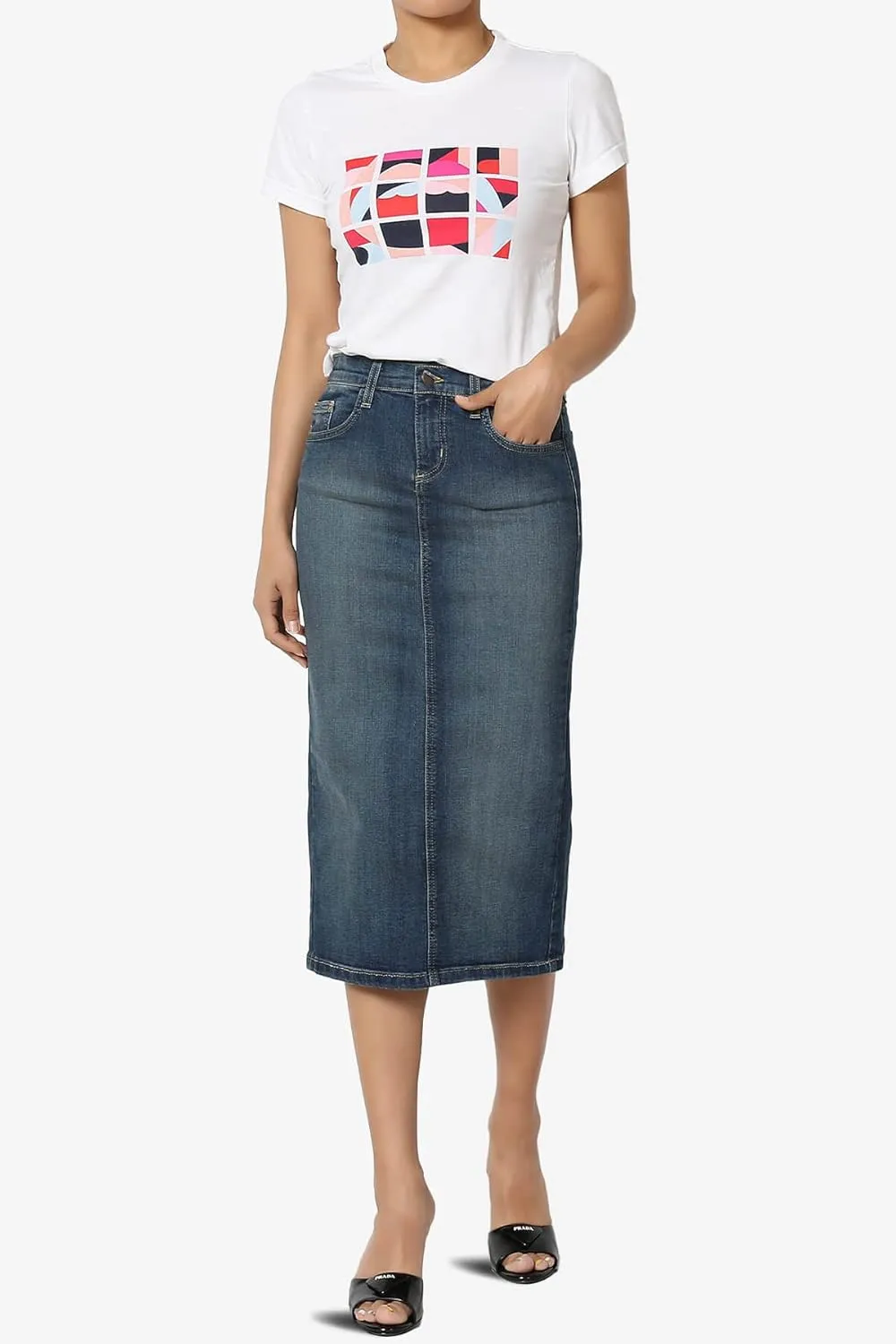 TheMogan Stone Wash Jean Pencil Knee Length Midi Stretch Denim Skirt