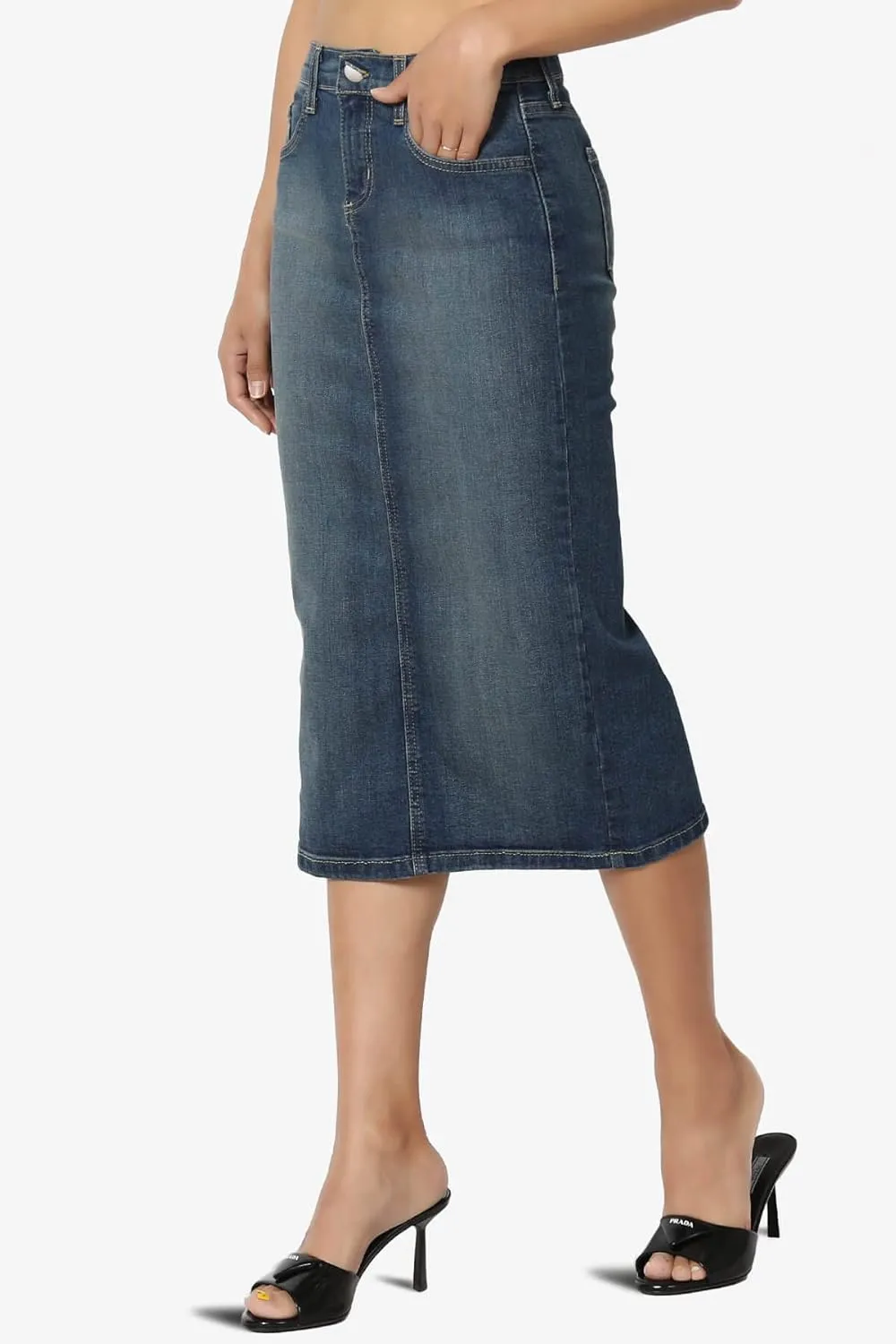 TheMogan Stone Wash Jean Pencil Knee Length Midi Stretch Denim Skirt