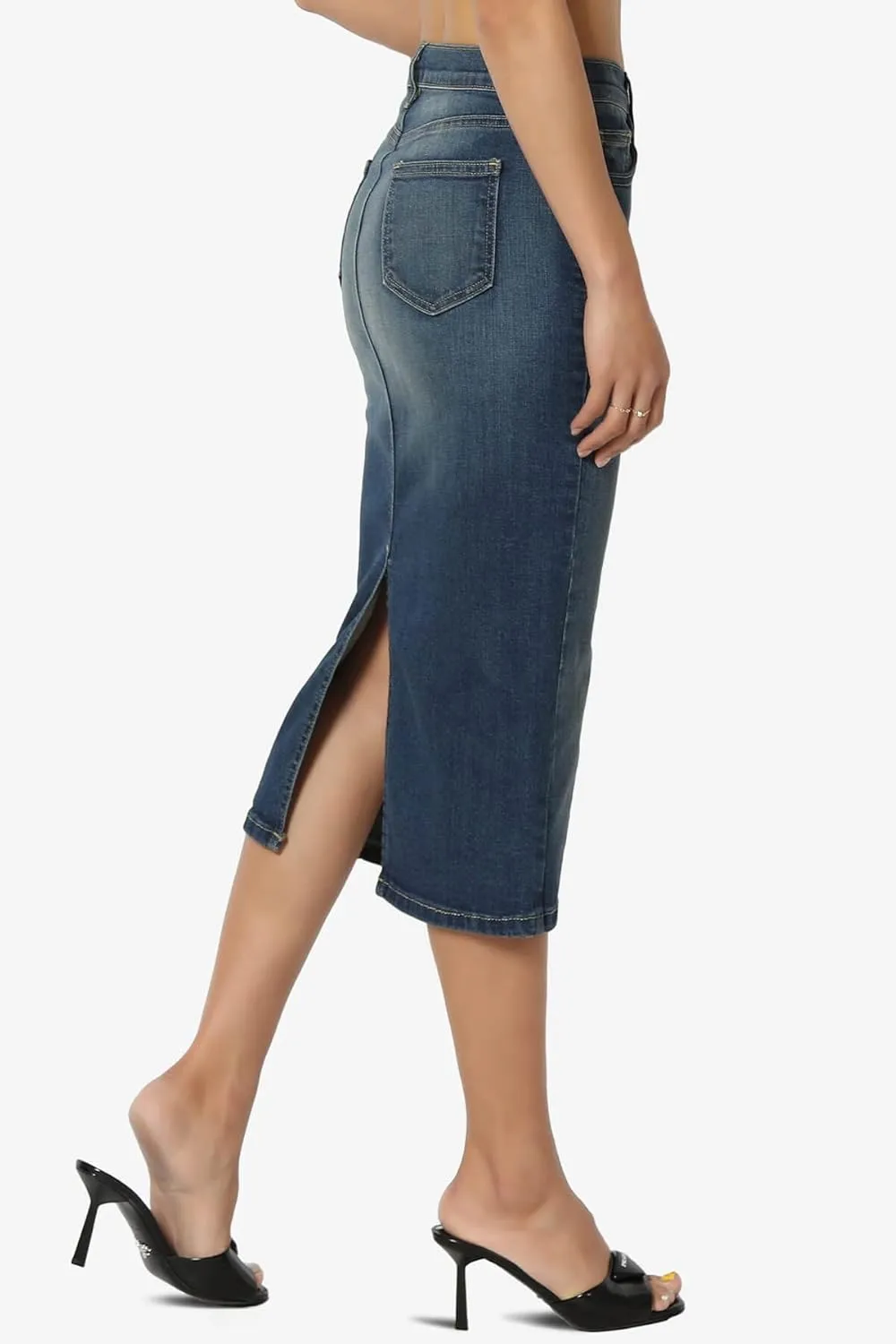 TheMogan Stone Wash Jean Pencil Knee Length Midi Stretch Denim Skirt