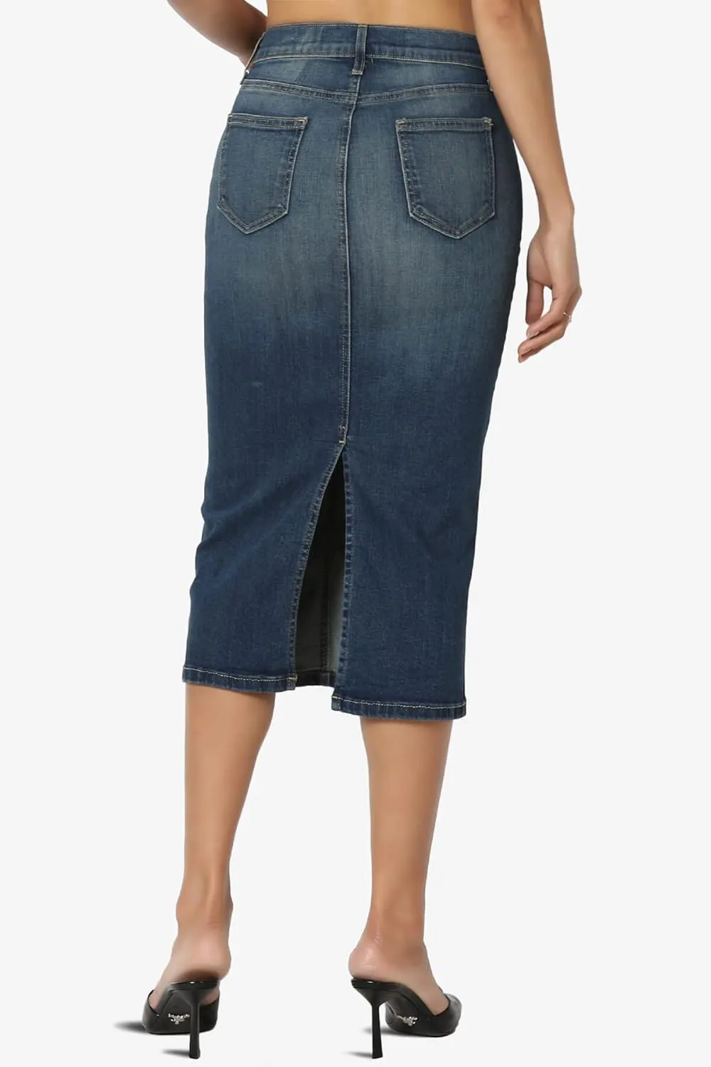 TheMogan Stone Wash Jean Pencil Knee Length Midi Stretch Denim Skirt