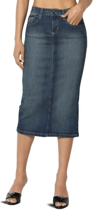 TheMogan Stone Wash Jean Pencil Knee Length Midi Stretch Denim Skirt