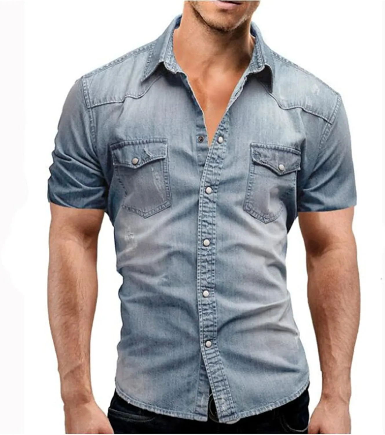 Thin Cotton Denim Shirts Men's Short Sleeve Shirts Casual Soft Vintage Wash Shirts Summer Streetwear Jeans Shirts