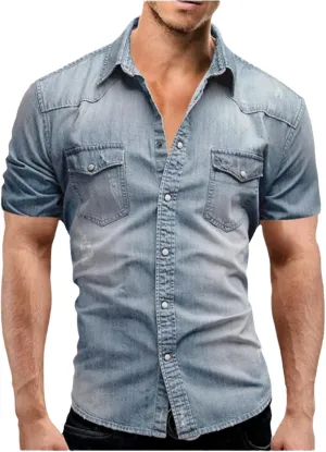 Thin Cotton Denim Shirts Men's Short Sleeve Shirts Casual Soft Vintage Wash Shirts Summer Streetwear Jeans Shirts