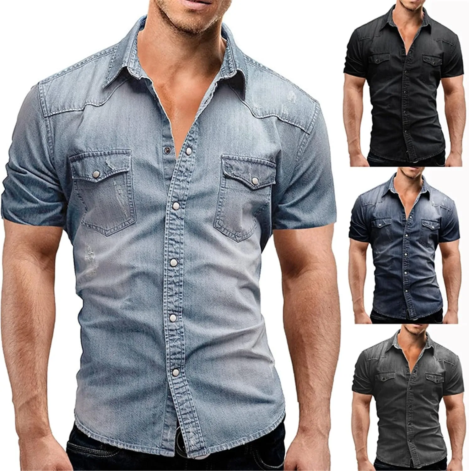 Thin Cotton Denim Shirts Men's Short Sleeve Shirts Casual Soft Vintage Wash Shirts Summer Streetwear Jeans Shirts