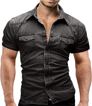 Thin Cotton Denim Shirts Men's Short Sleeve Shirts Casual Soft Vintage Wash Shirts Summer Streetwear Jeans Shirts