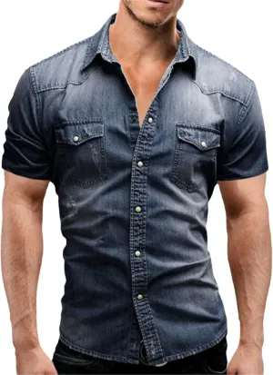 Thin Cotton Denim Shirts Men's Short Sleeve Shirts Casual Soft Vintage Wash Shirts Summer Streetwear Jeans Shirts