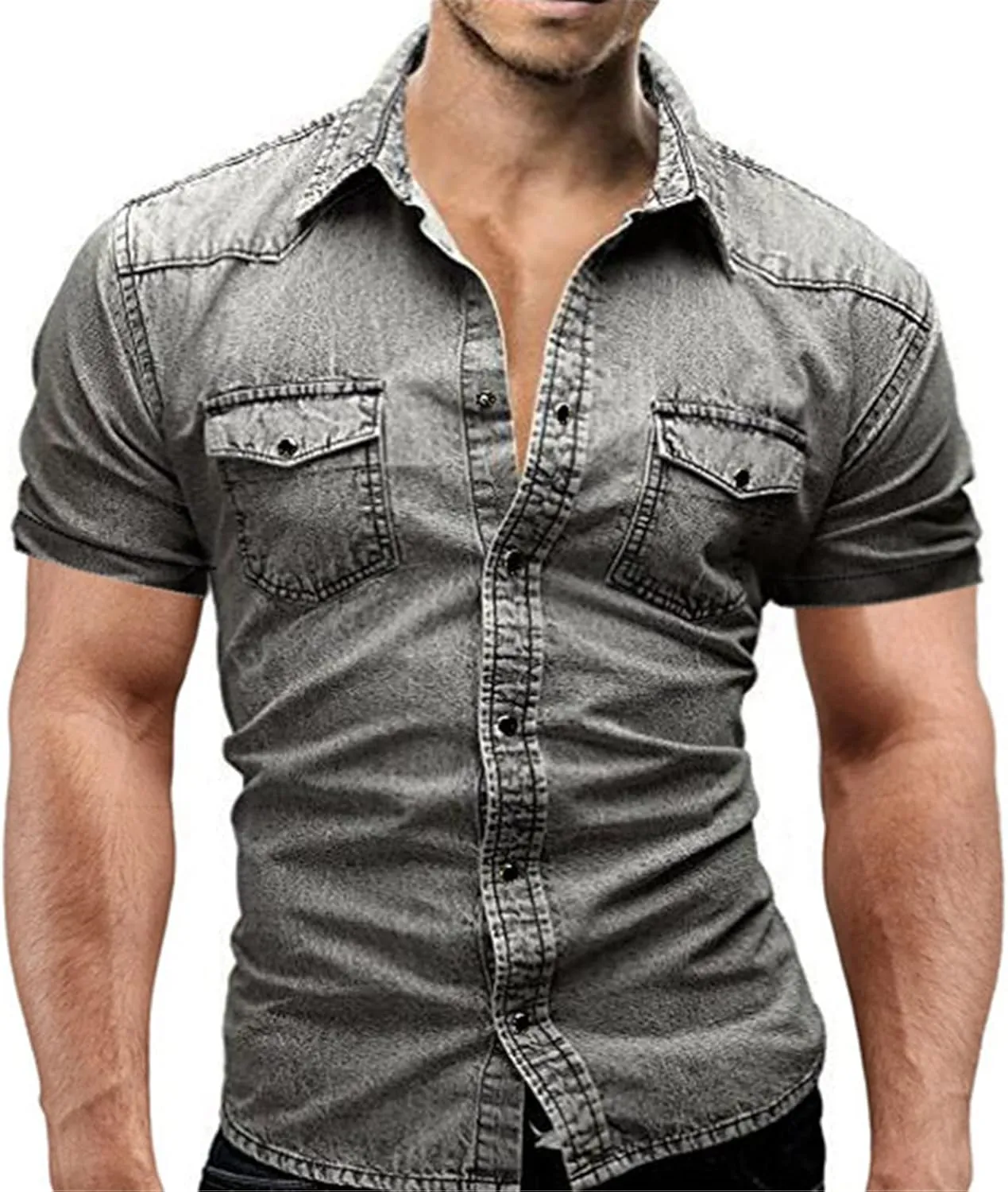 Thin Cotton Denim Shirts Men's Short Sleeve Shirts Casual Soft Vintage Wash Shirts Summer Streetwear Jeans Shirts