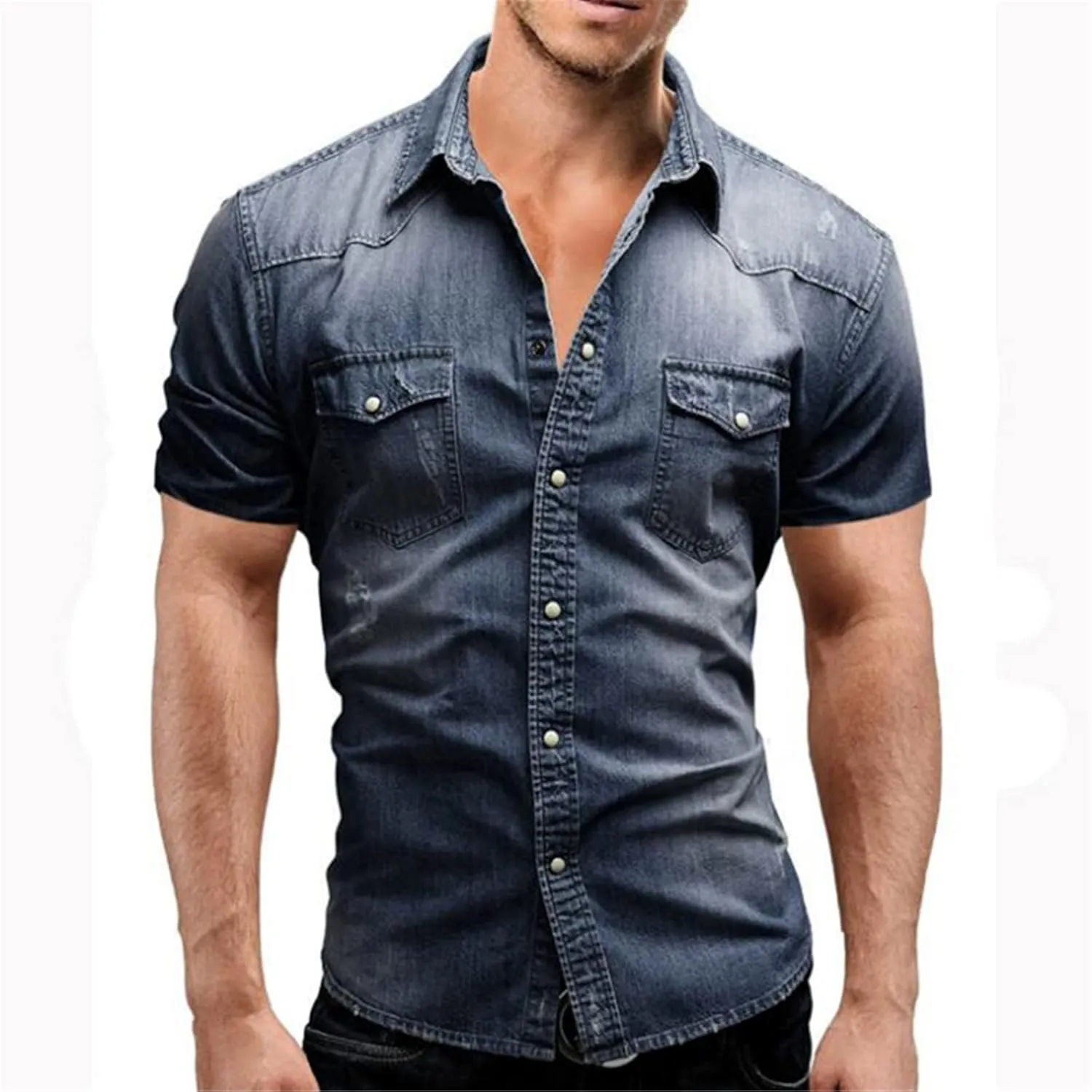 Thin Cotton Denim Shirts Men's Short Sleeve Shirts Casual Soft Vintage Wash Shirts Summer Streetwear Jeans Shirts