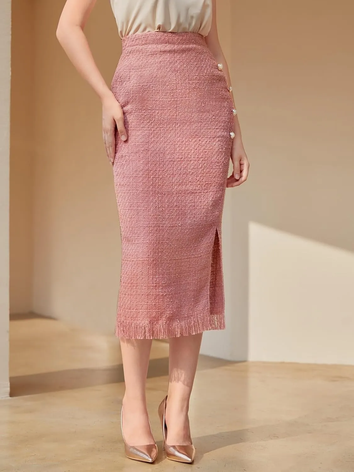 TIMEKE Women's Long Skirt Button Front Hem Tweed Skirt Zipper Regular Fit High Waist Elegant Midi Skirt