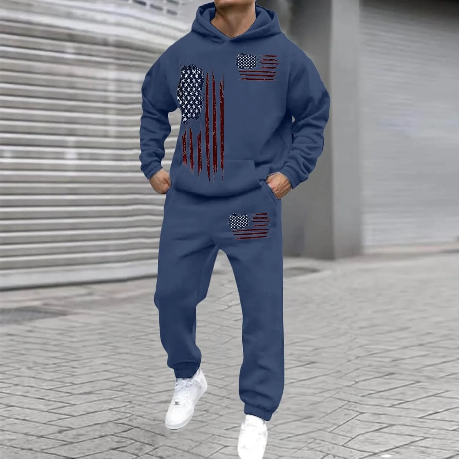 Track Suits Mens Loose 3D Printed Hoodie Pant Set Mens Flag Hoodie Sweatpants Top Men Track Suits Sets Big And