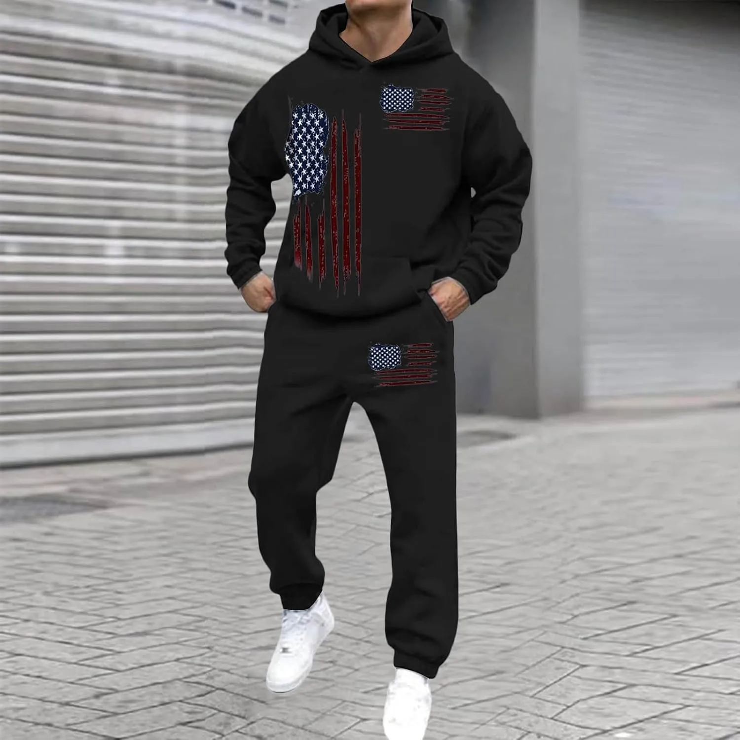 Track Suits Mens Loose 3D Printed Hoodie Pant Set Mens Flag Hoodie Sweatpants Top Men Track Suits Sets Big And