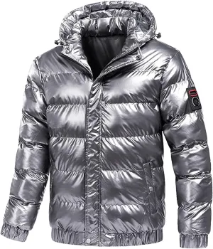 tuduoms Men's Retro Bubble Puffer Jacket Hooded Full Zip Metallic Shiny Puffy Down Coat Warm Winter Outwear Mountain Parkas