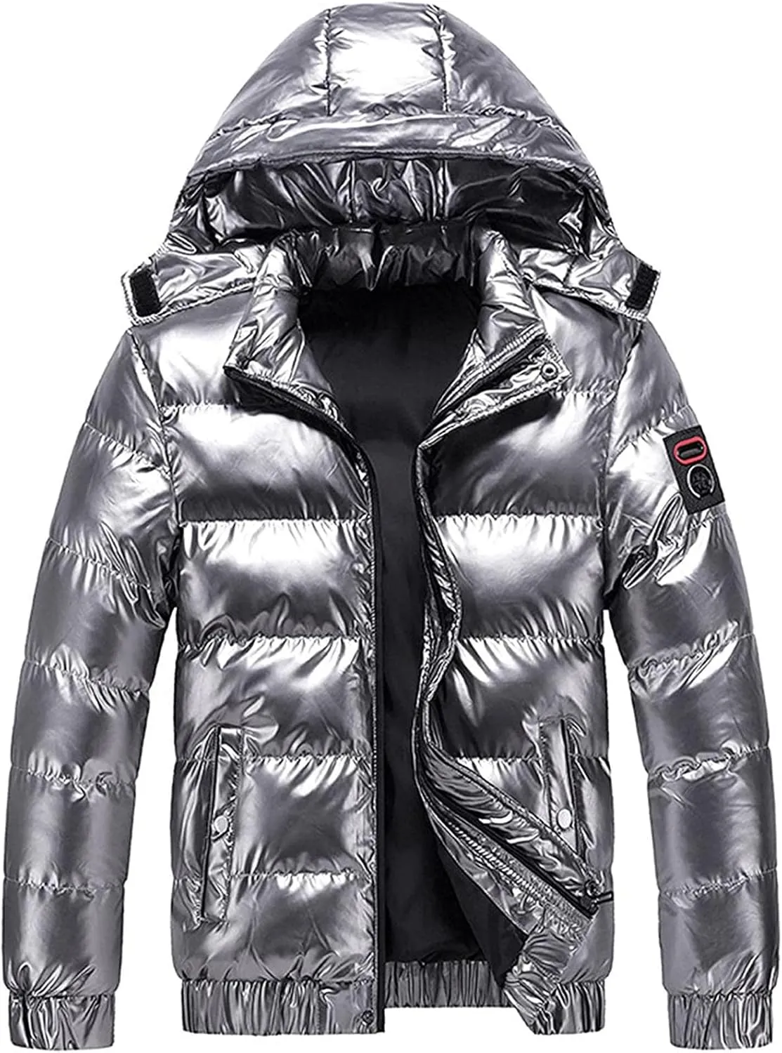 tuduoms Men's Retro Bubble Puffer Jacket Hooded Full Zip Metallic Shiny Puffy Down Coat Warm Winter Outwear Mountain Parkas