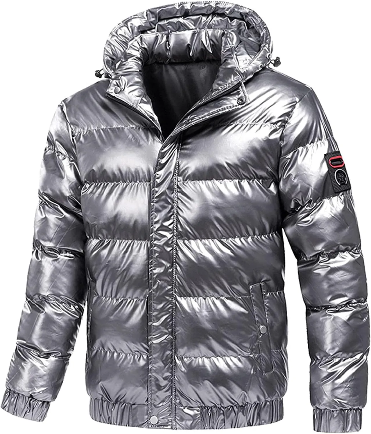 tuduoms Men's Retro Bubble Puffer Jacket Hooded Full Zip Metallic Shiny Puffy Down Coat Warm Winter Outwear Mountain Parkas