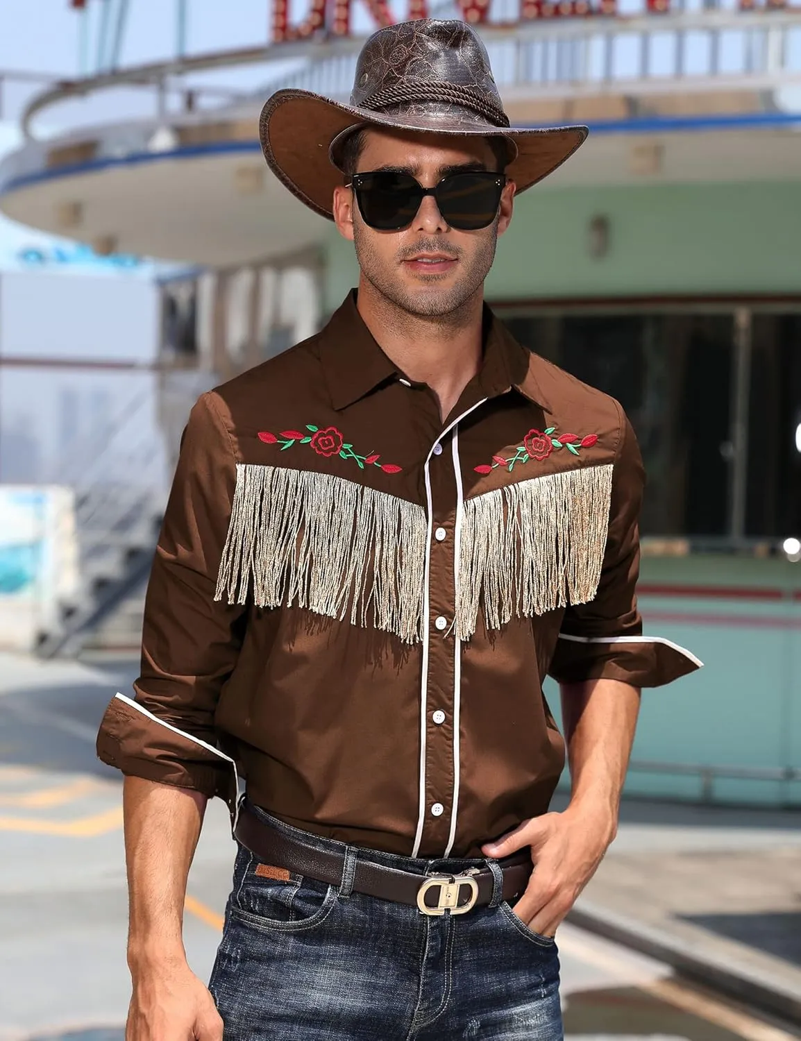 TURETRENDY Men's Western Cowboy Fringe Shirt Long Sleeve Rose Embroidered Slim Fit Button Down Shirt
