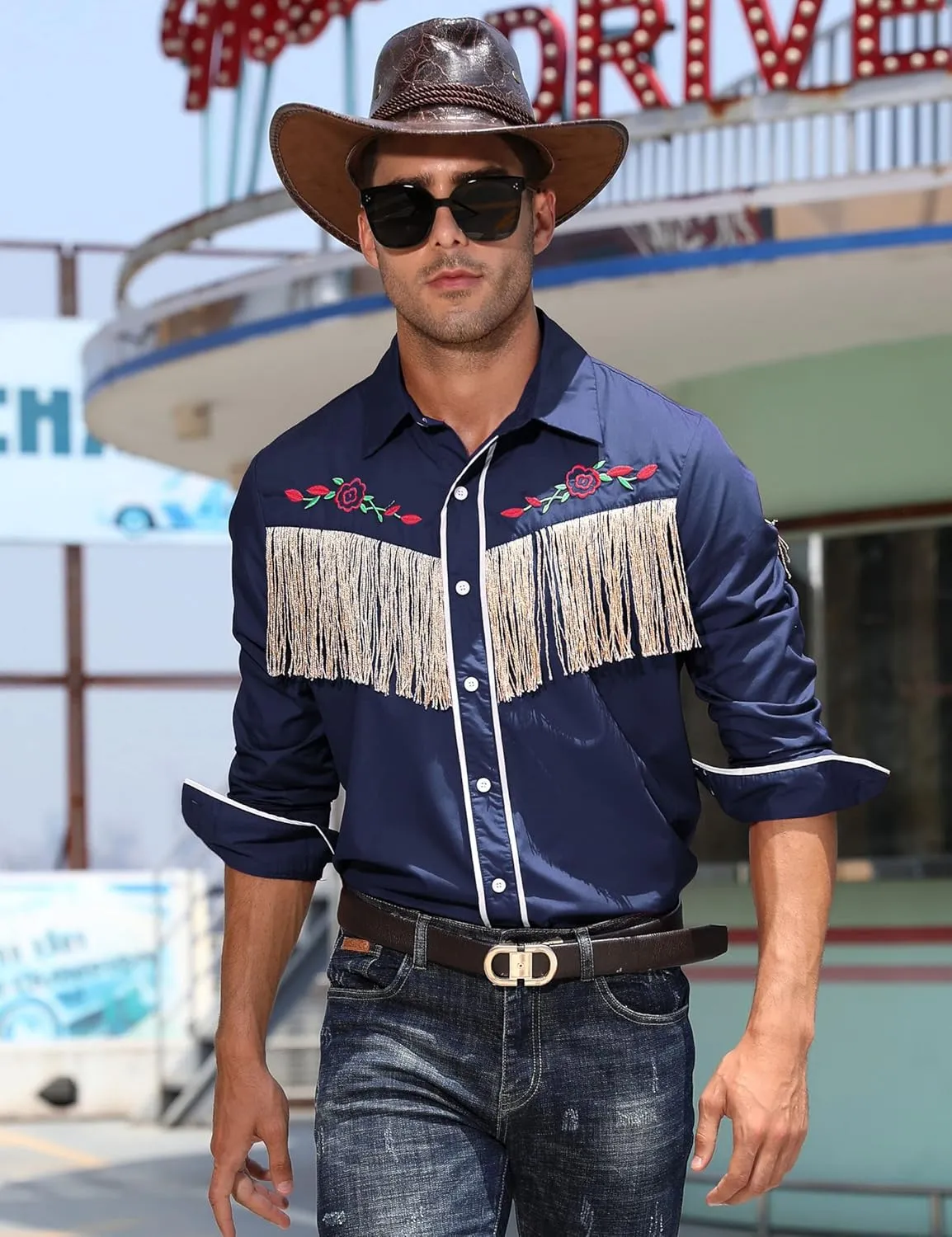 TURETRENDY Men's Western Cowboy Fringe Shirt Long Sleeve Rose Embroidered Slim Fit Button Down Shirt