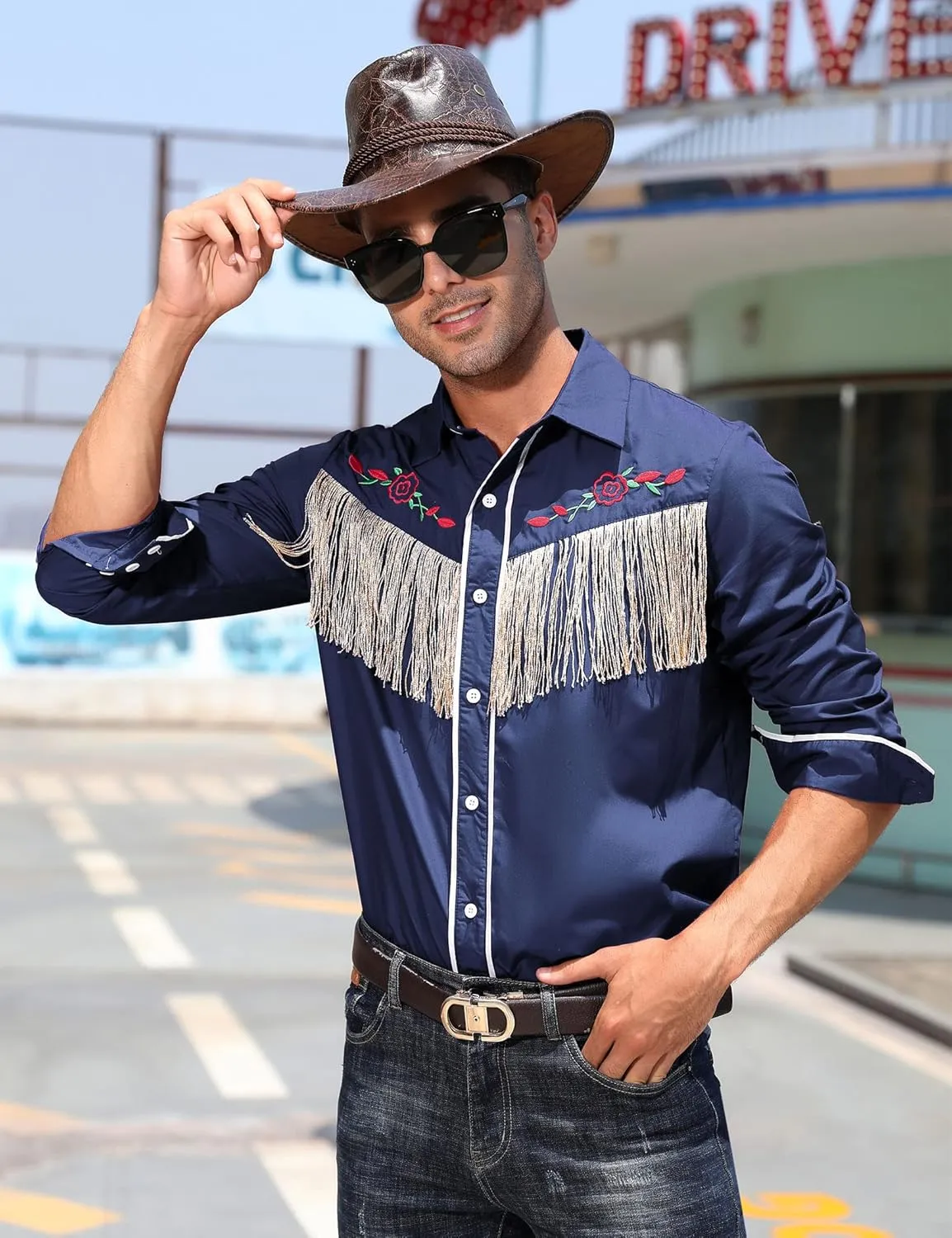 TURETRENDY Men's Western Cowboy Fringe Shirt Long Sleeve Rose Embroidered Slim Fit Button Down Shirt