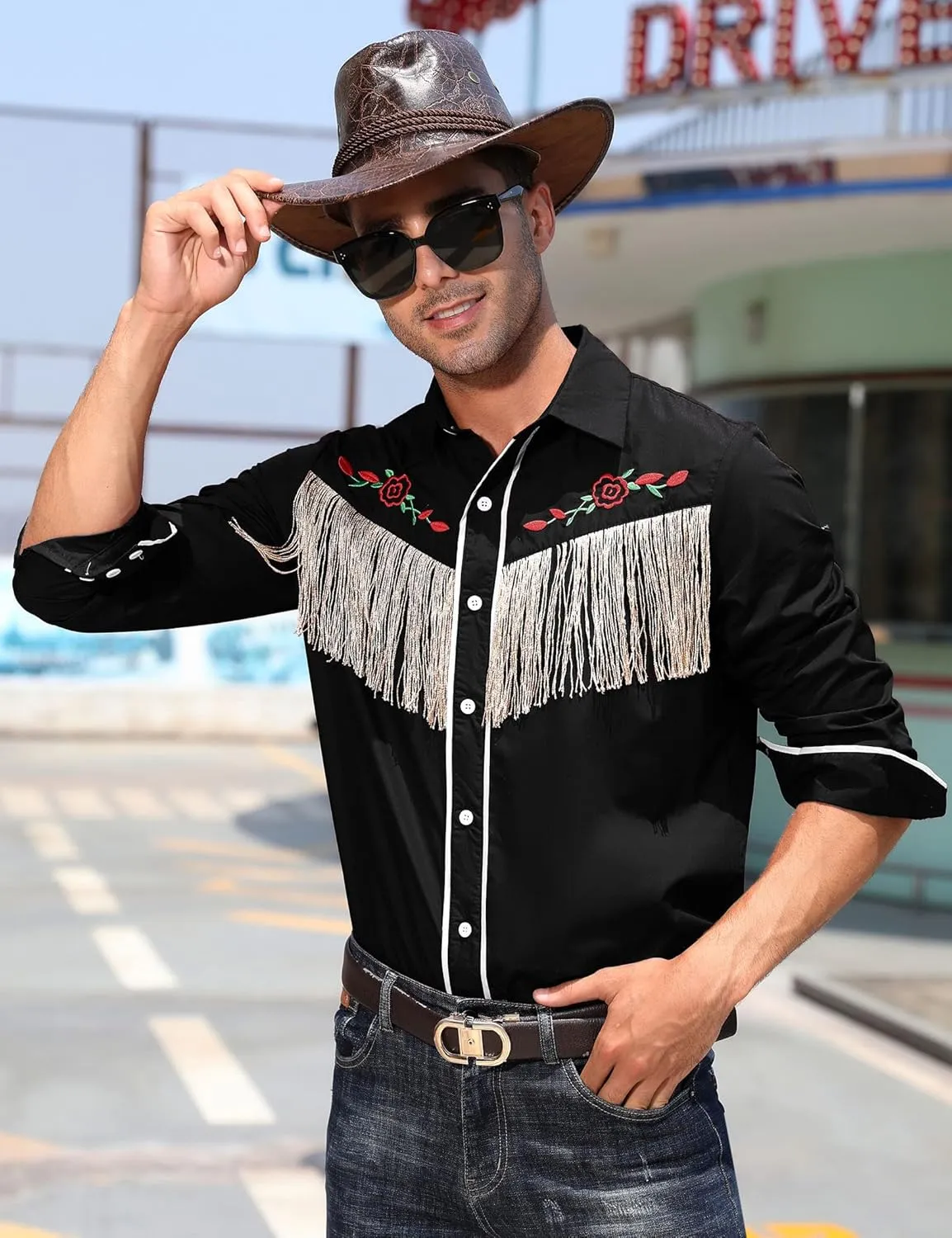 TURETRENDY Men's Western Cowboy Fringe Shirt Long Sleeve Rose Embroidered Slim Fit Button Down Shirt