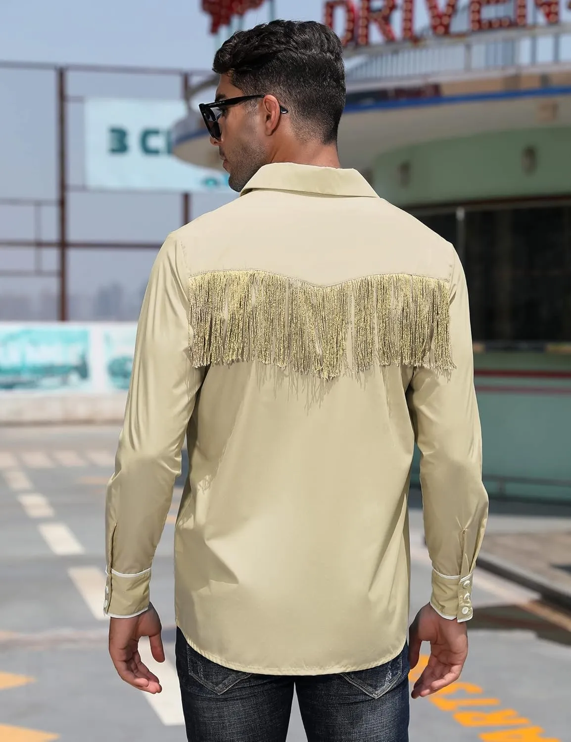 TURETRENDY Men's Western Cowboy Fringe Shirt Long Sleeve Rose Embroidered Slim Fit Button Down Shirt