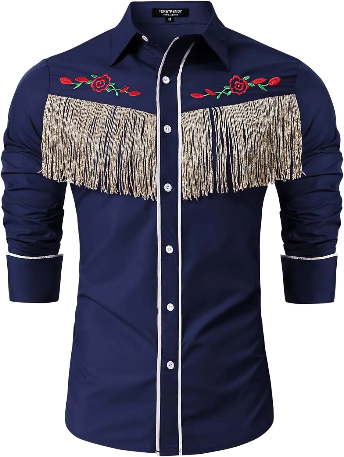 TURETRENDY Men's Western Cowboy Fringe Shirt Long Sleeve Rose Embroidered Slim Fit Button Down Shirt