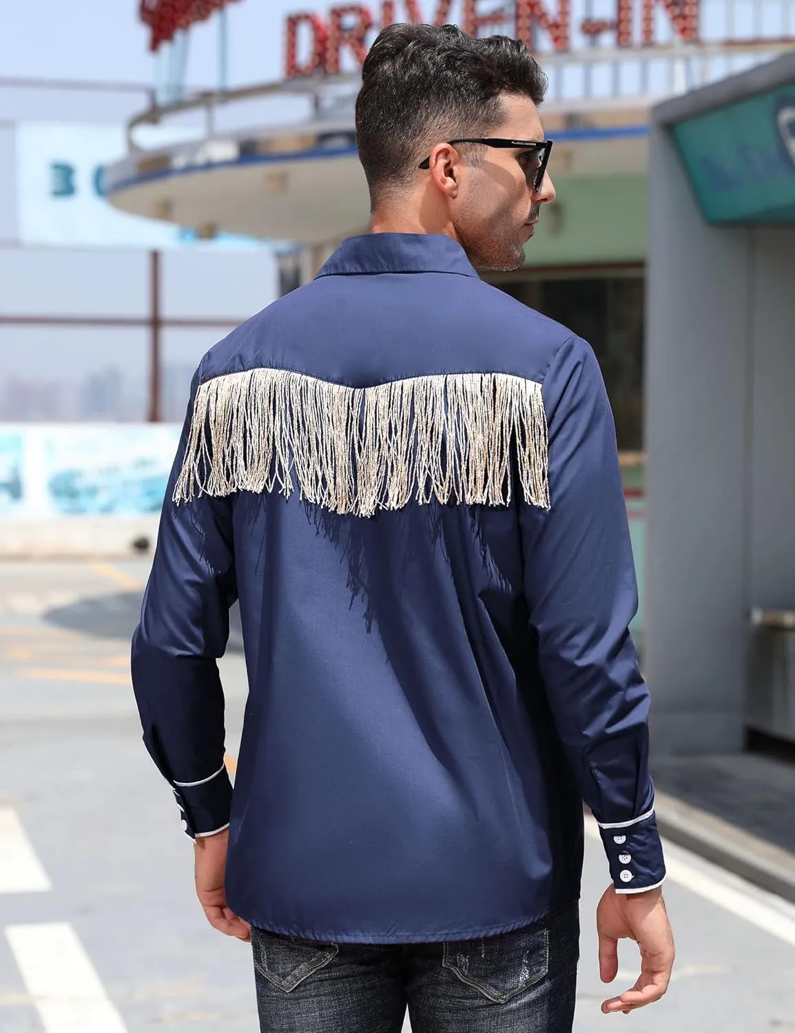 TURETRENDY Men's Western Cowboy Fringe Shirt Long Sleeve Rose Embroidered Slim Fit Button Down Shirt