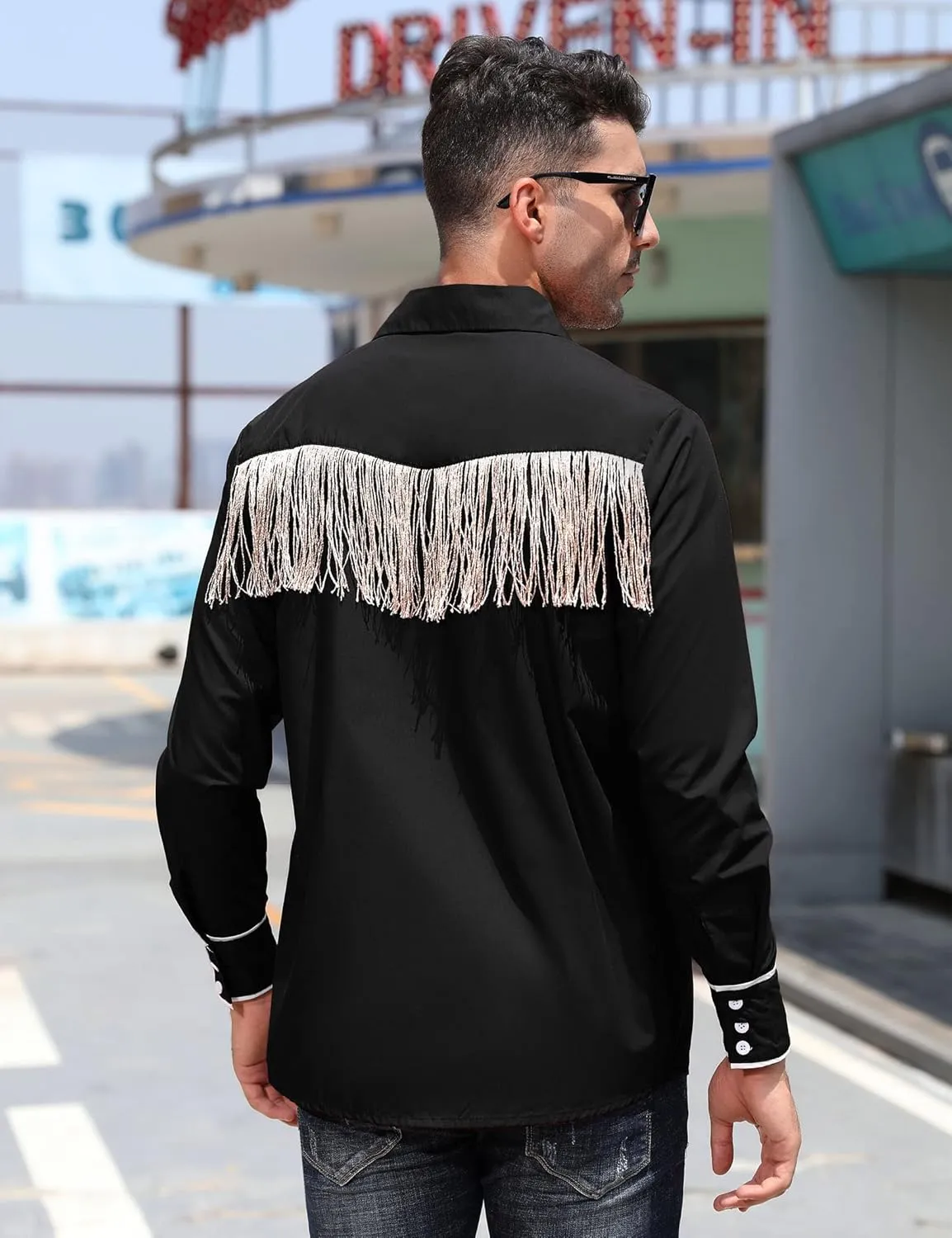 TURETRENDY Men's Western Cowboy Fringe Shirt Long Sleeve Rose Embroidered Slim Fit Button Down Shirt