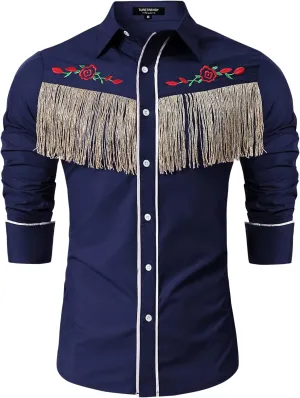 TURETRENDY Men's Western Cowboy Fringe Shirt Long Sleeve Rose Embroidered Slim Fit Button Down Shirt