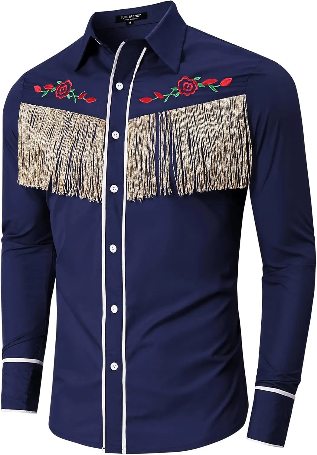TURETRENDY Men's Western Cowboy Fringe Shirt Long Sleeve Rose Embroidered Slim Fit Button Down Shirt