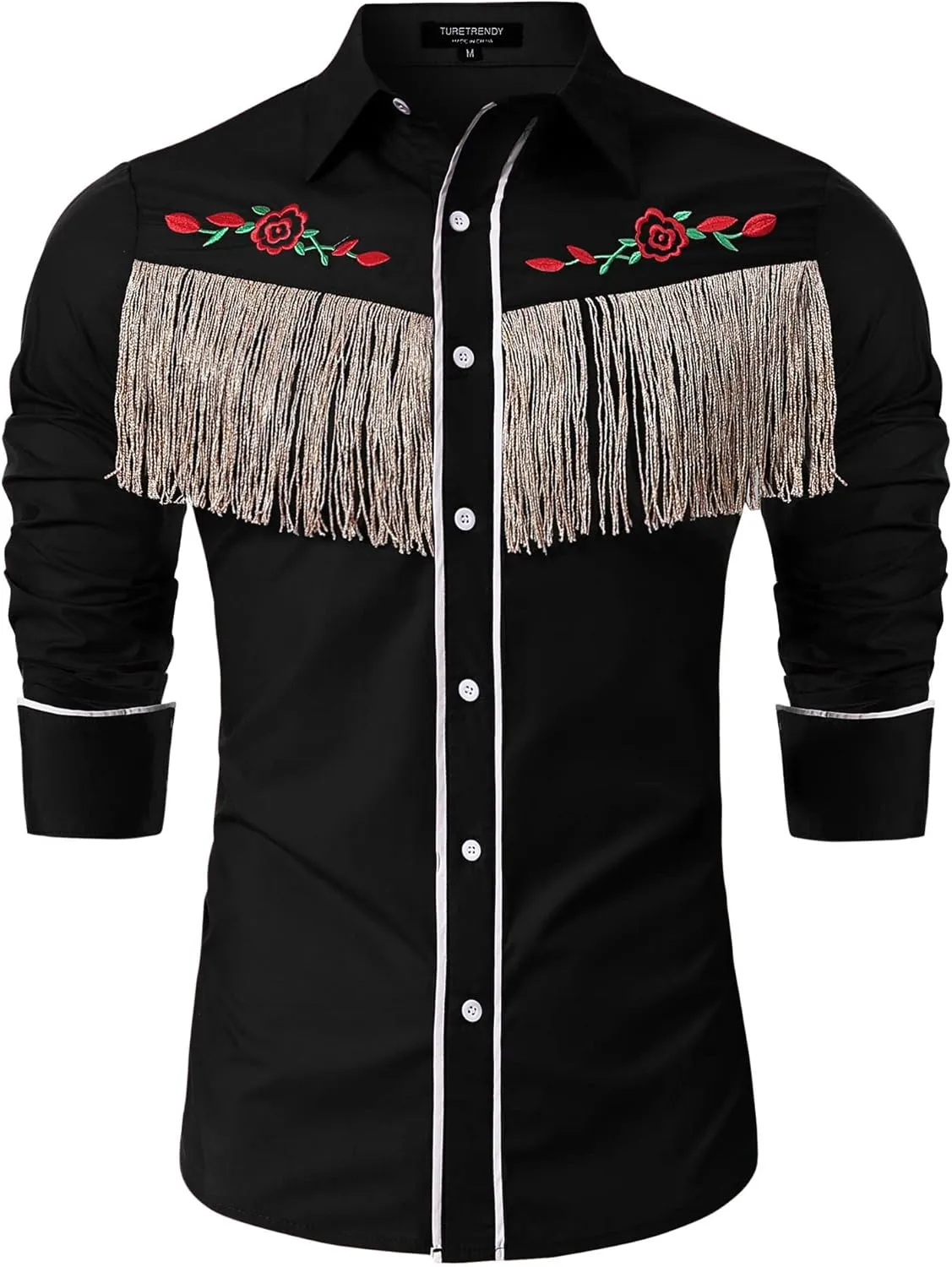 TURETRENDY Men's Western Cowboy Fringe Shirt Long Sleeve Rose Embroidered Slim Fit Button Down Shirt