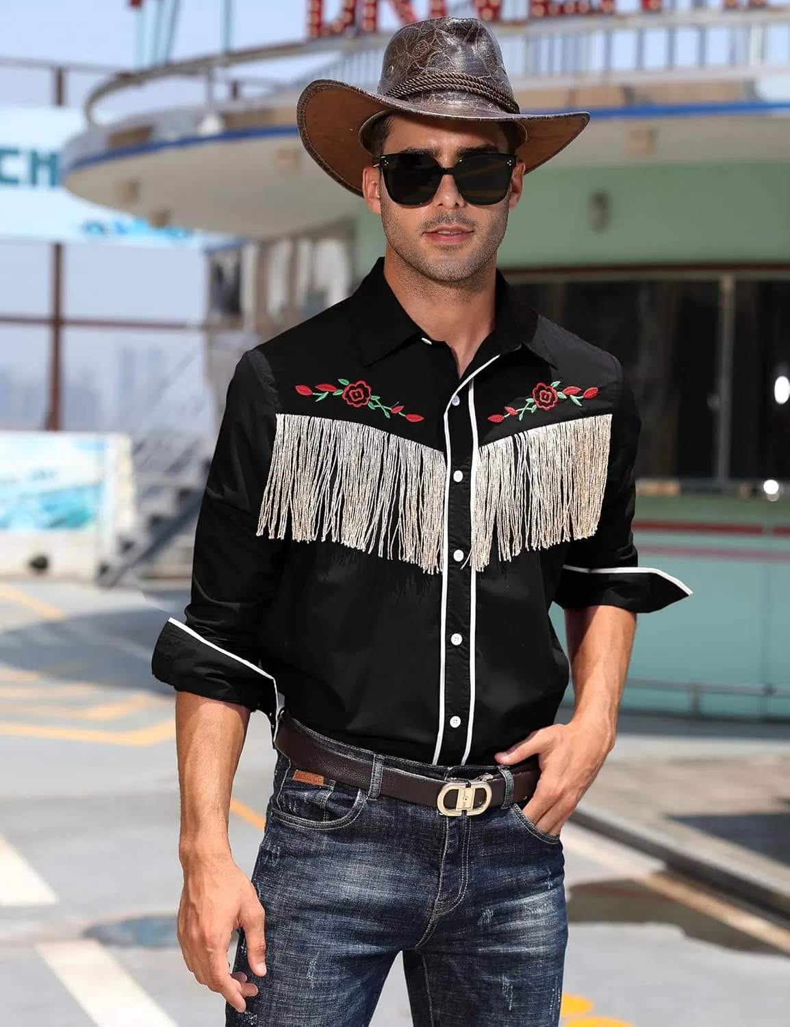 TURETRENDY Men's Western Cowboy Fringe Shirt Long Sleeve Rose Embroidered Slim Fit Button Down Shirt