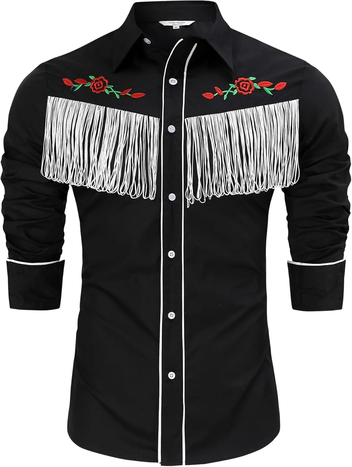 TURETRENDY Men's Western Cowboy Fringe Shirt Long Sleeve Rose Embroidered Slim Fit Button Down Shirt
