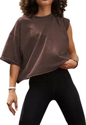UEU Women's Comfy Basic Workout Gym Short Sleeve Crop Tops Casual Loose Oversized T-Shirts